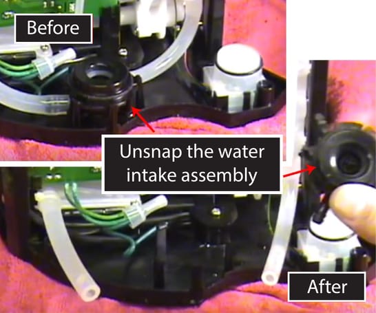 Unclip the water intake assembly and drain it